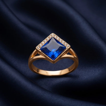 Gold Sapphire Princess-Cut Halo Ring