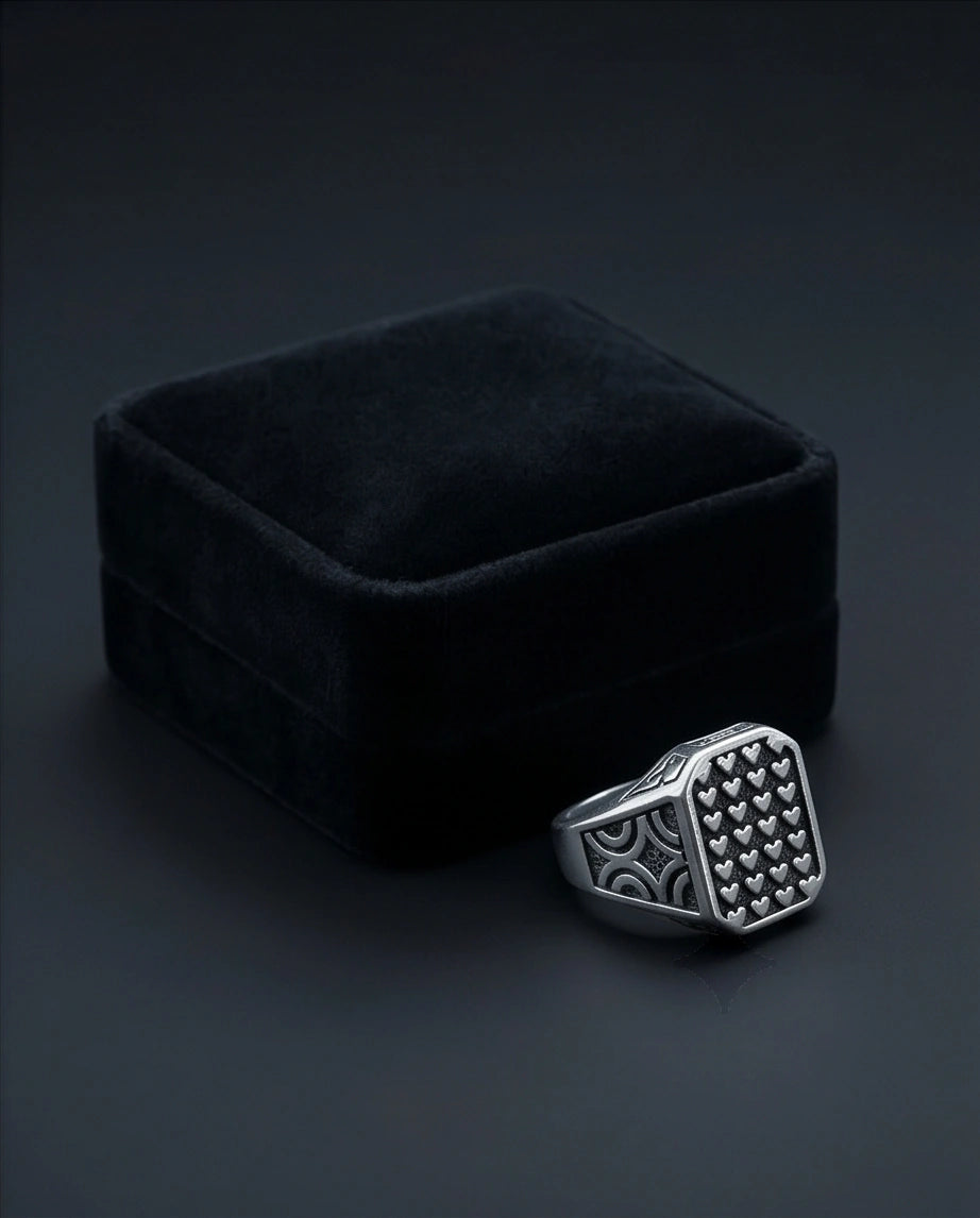 Vintage Sterling Silver Micro-Heart Lattice Signet Ring