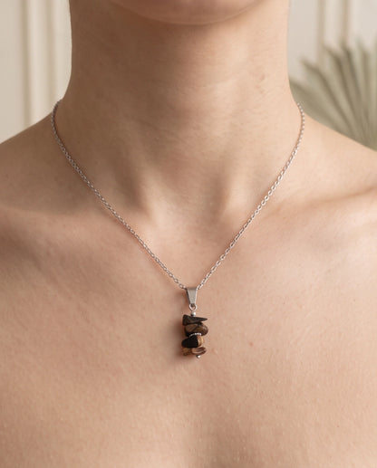 Silver Stacked Raw Tiger's Eye Chip Stone Pendant Necklace