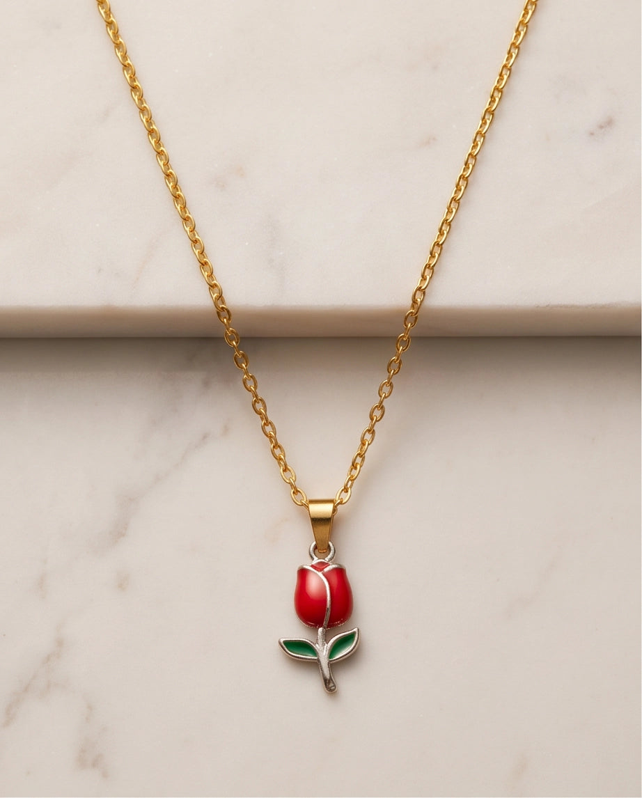Silver Red Enamel Tulip Pendant Necklace