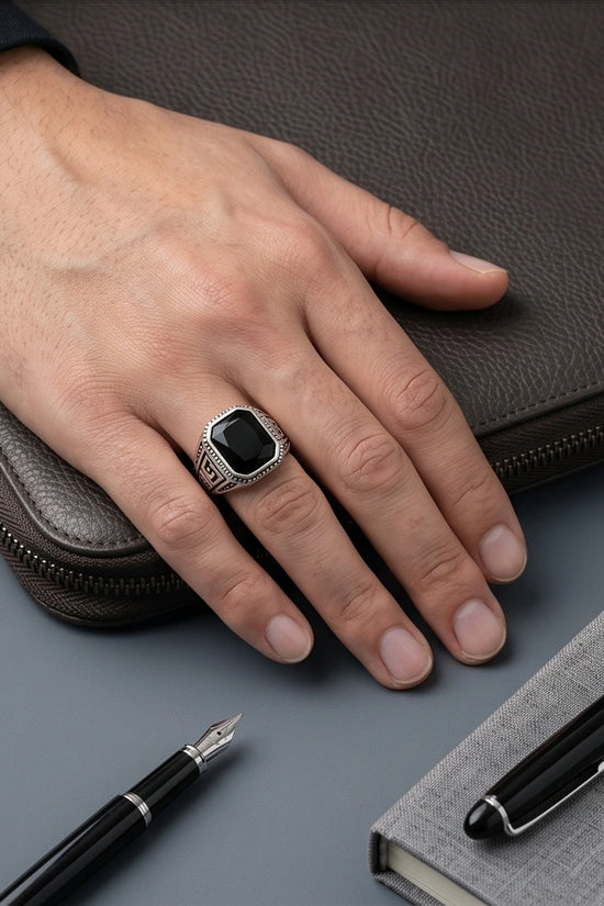 Vintage Greek Key Black Onyx Gemstone Ring