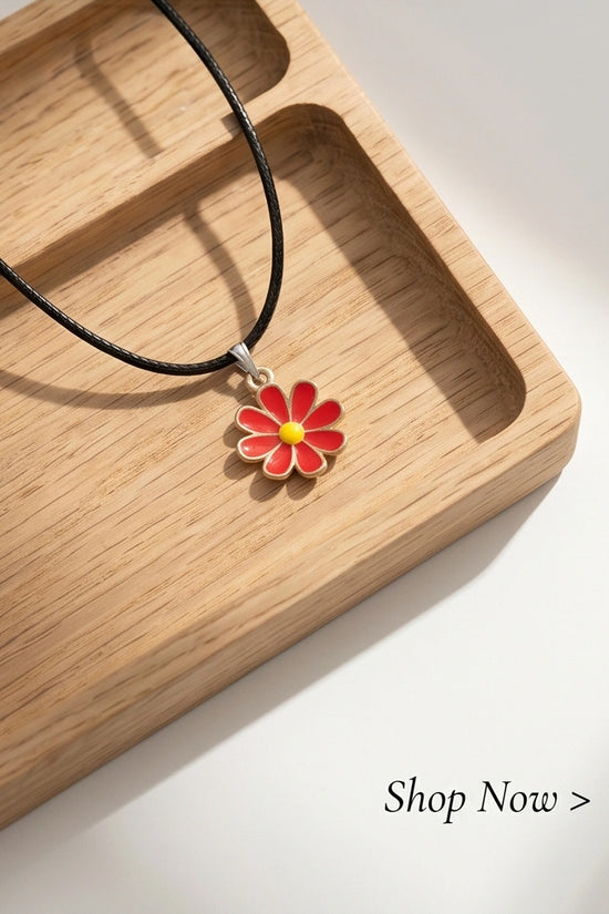Gold and Red Daisy Pendant Necklace