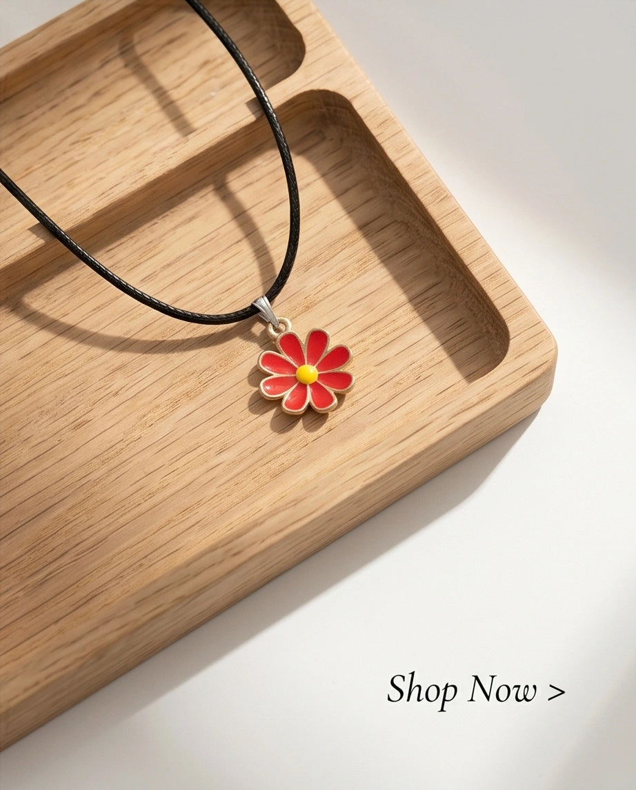 Gold and Red Daisy Pendant Necklace