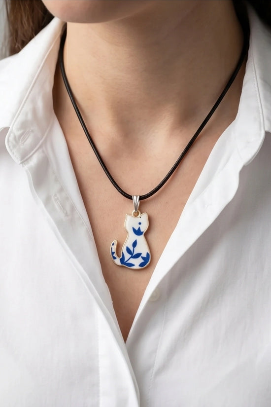 Artistic Blue Porcelain Feline Silhouette Pendant Necklace