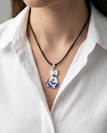 Artistic Blue Porcelain Feline Silhouette Pendant Necklace