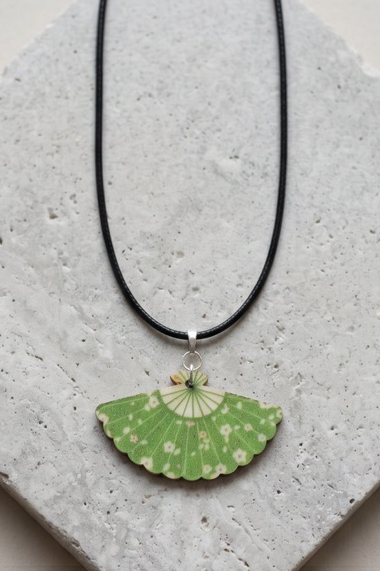 Vintage Green Matcha Floral Hand-Fan Pendant Necklace