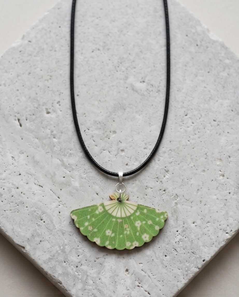 Vintage Green Matcha Floral Hand-Fan Pendant Necklace