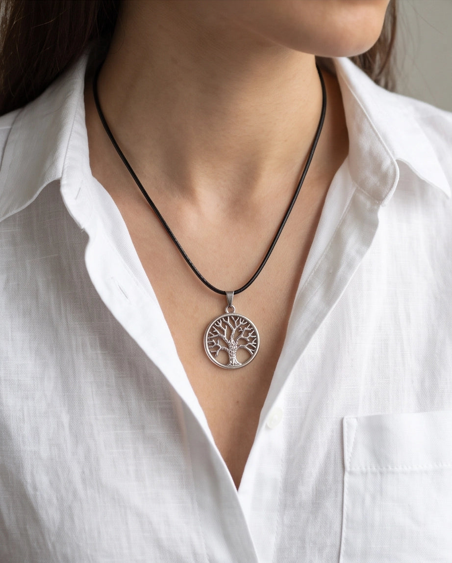 Silver Tree of Life Medallion Cord Necklace