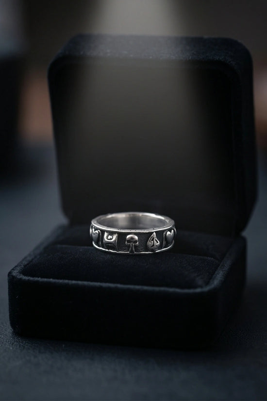 Gothic Sterling Silver Skull and Card Suits Band Ring