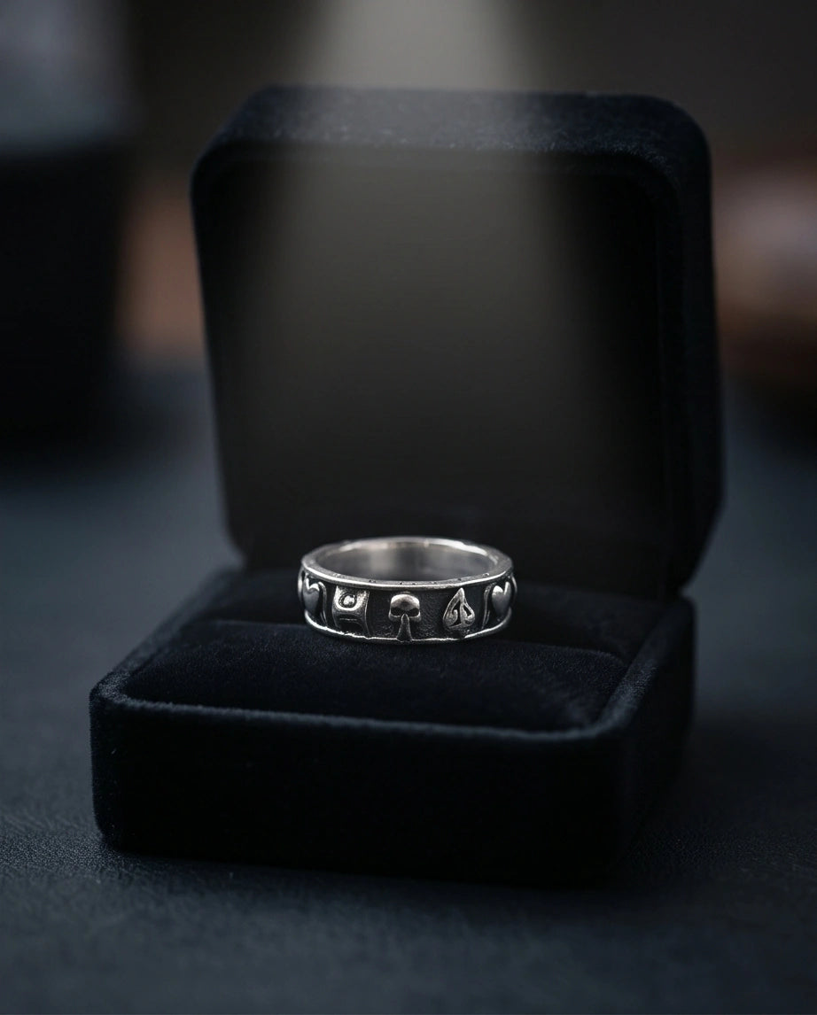 Gothic Sterling Silver Skull and Card Suits Band Ring
