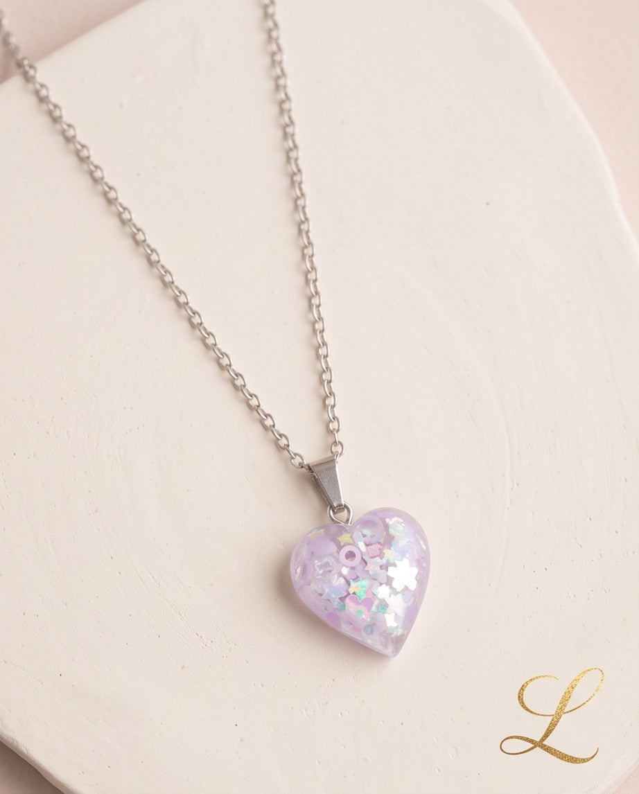 Silver Lavender Glitter Heart Resin Pendant Necklace
