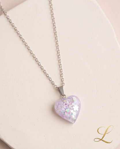 Silver Lavender Glitter Heart Resin Pendant Necklace