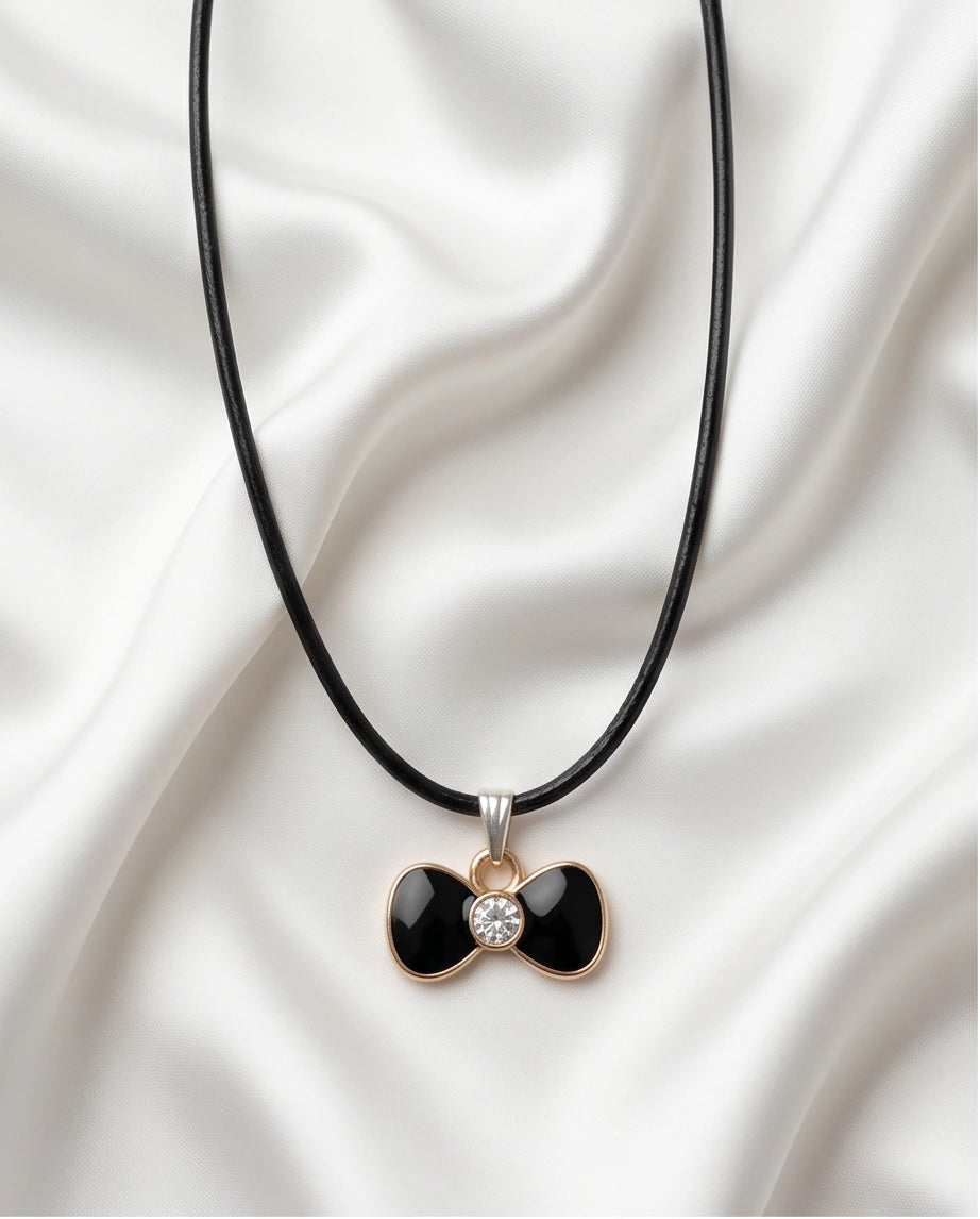 Gold Crystal and Black Bow Necklace