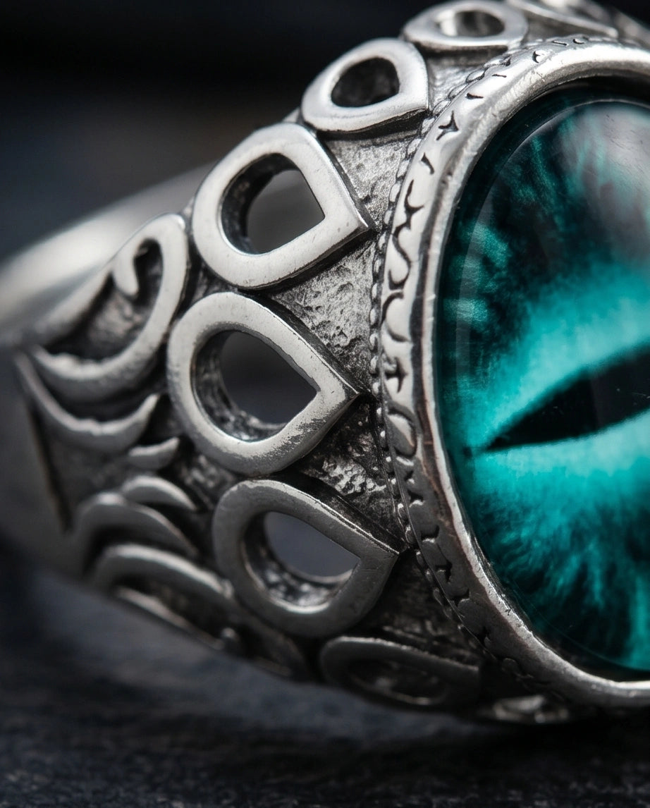 Vintage Sterling Silver Gothic Deep Teal Dragon's Eye Ring