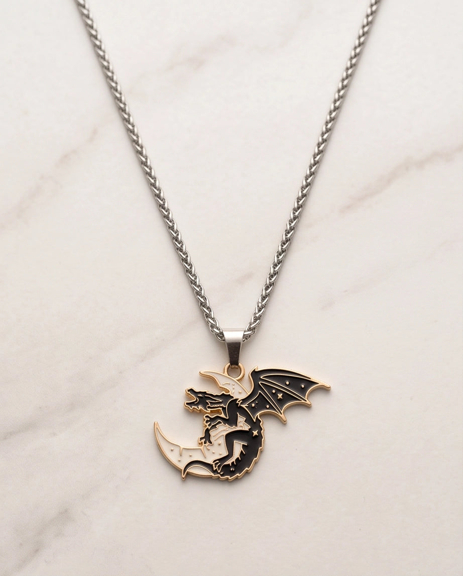 Gold Celestial Dragon White Crescent Moon Enamel Pendant Necklace
