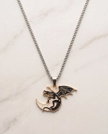 Gold Celestial Dragon White Crescent Moon Enamel Pendant Necklace