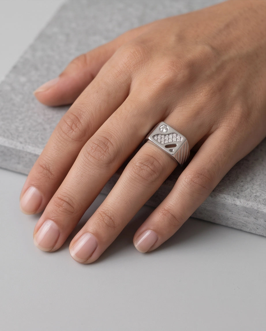 Abstract Textured Multi-Inlay Asymmetrical Signet Silver Ring