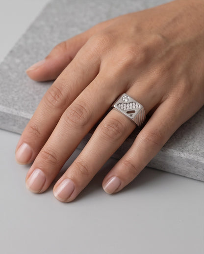 Abstract Textured Multi-Inlay Asymmetrical Signet Silver Ring