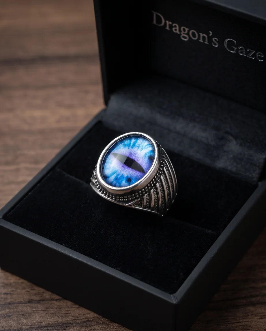 Sapphire Frost Slit-Pupil Beaded Silver Ring