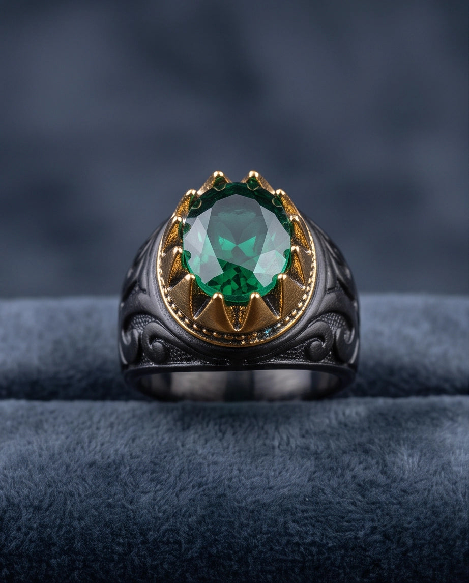 Imperial Emerald Crowned Filigree Signet Ring