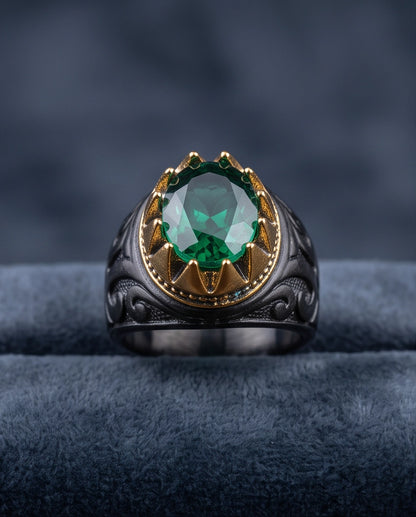Imperial Emerald Crowned Filigree Signet Ring