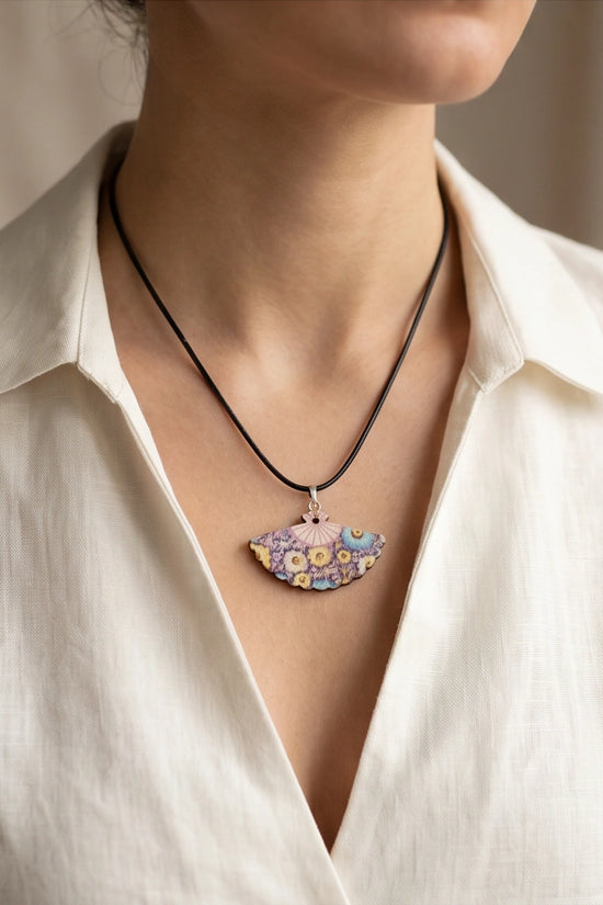 Vintage Blue & Yellow Floral Hand-Fan Pendant Necklace