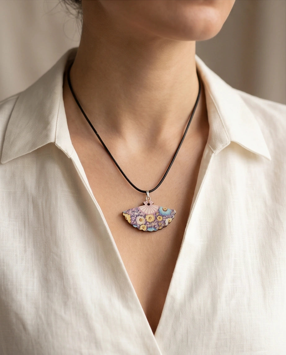 Vintage Blue & Yellow Floral Hand-Fan Pendant Necklace