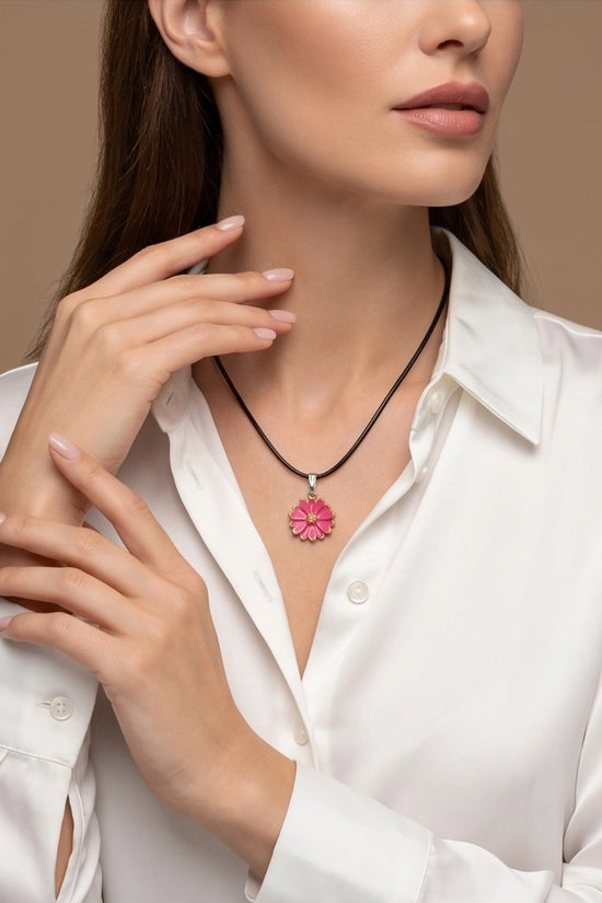 Pink Enamel Sunflower Pendant Necklace