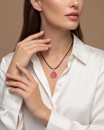 Pink Enamel Sunflower Pendant Necklace