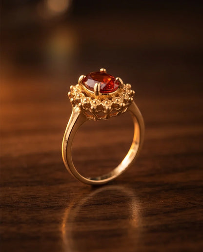 Vintage Gold Oval Garnet Victorian Halo Ring