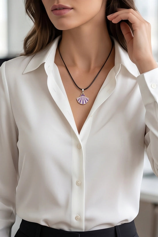 Striped Purple and White Seashell Enamel Pendant Necklace