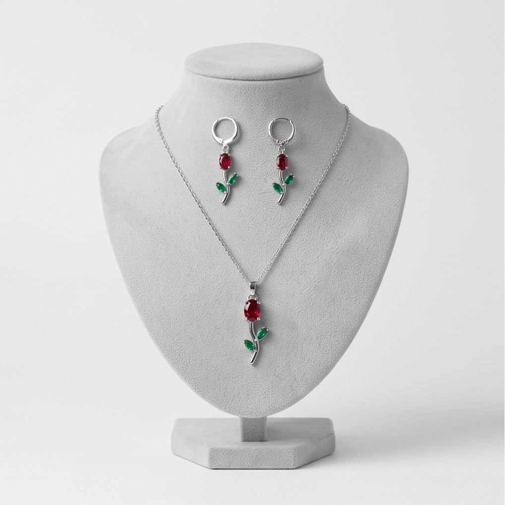 Silver Crystal Rose Necklace Set