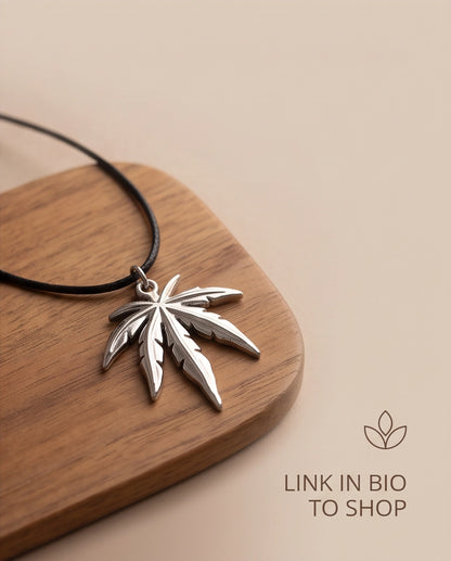 Silver Leaf Pendant Cord Necklace