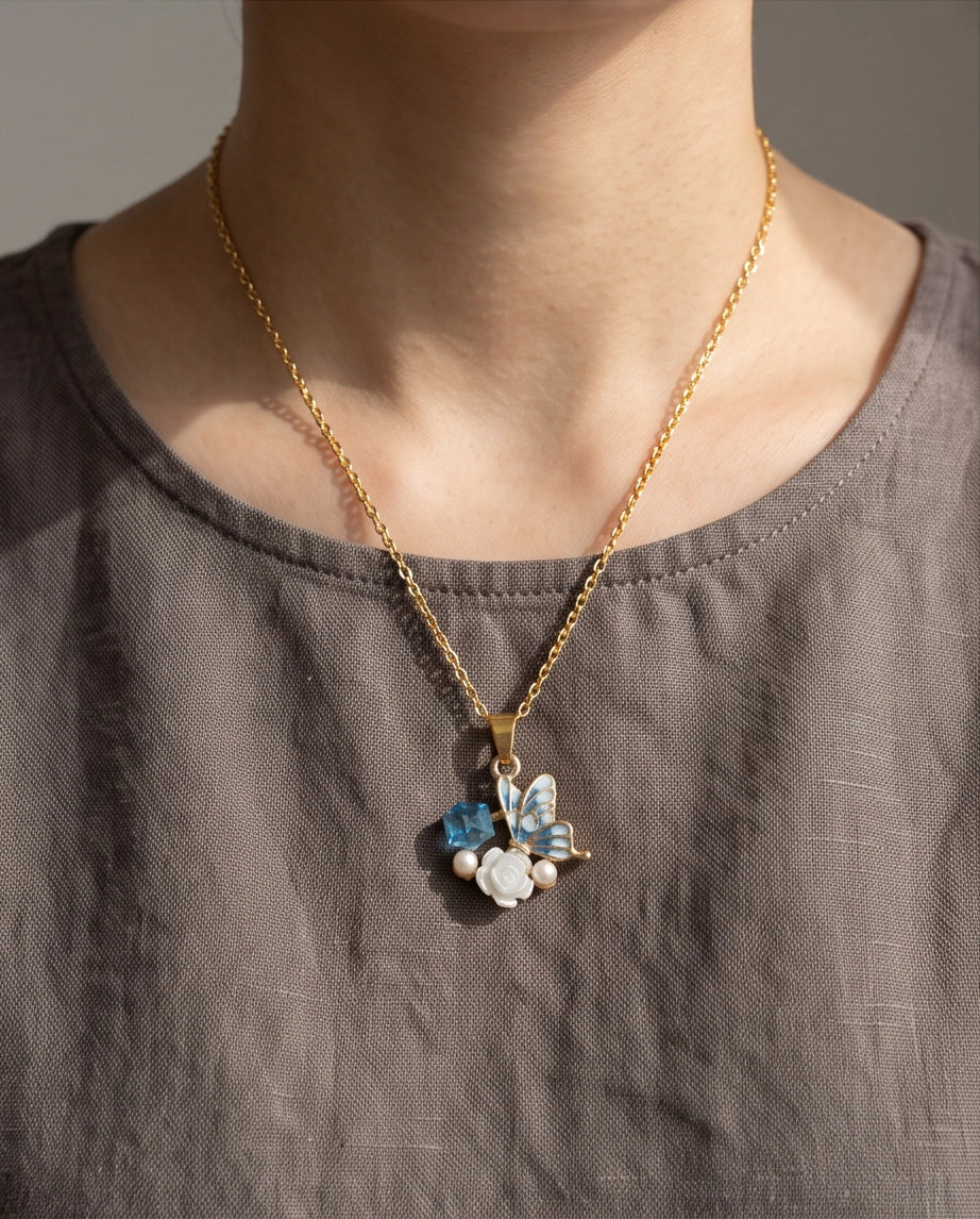 Gold Blue Enamel Butterfly & Pearl Rose Cluster Pendant Necklace