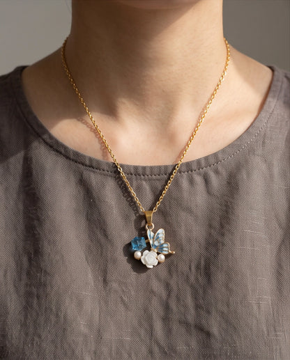 Gold Blue Enamel Butterfly & Pearl Rose Cluster Pendant Necklace