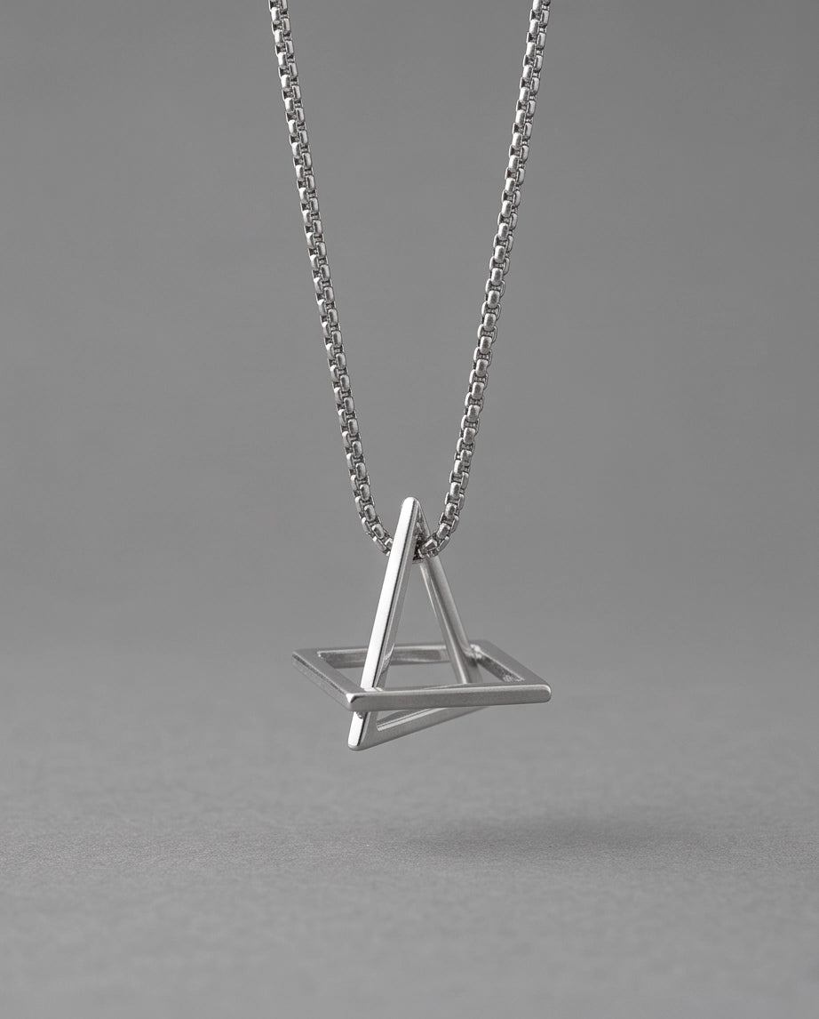 Silver Geometric Intersecting Triangle and Square Pendant Necklace