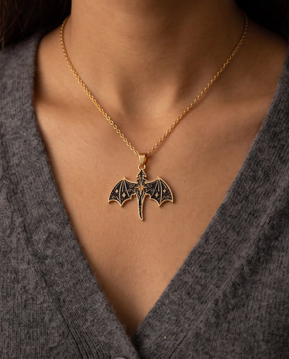 Gold Celestial Bat Enamel Pendant Necklace