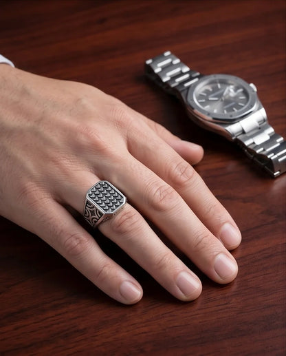 Vintage Sterling Silver Micro-Heart Lattice Signet Ring