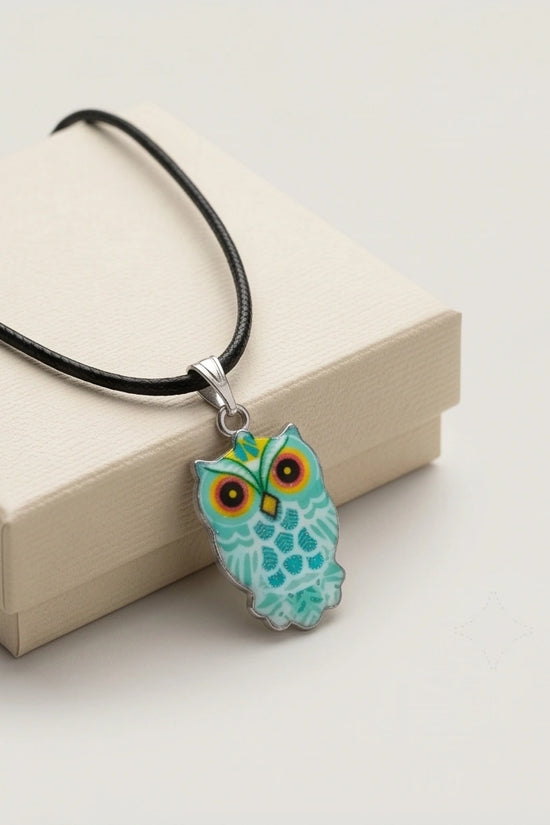 Vibrant Mint Blue Owl Totem Pendant Necklace