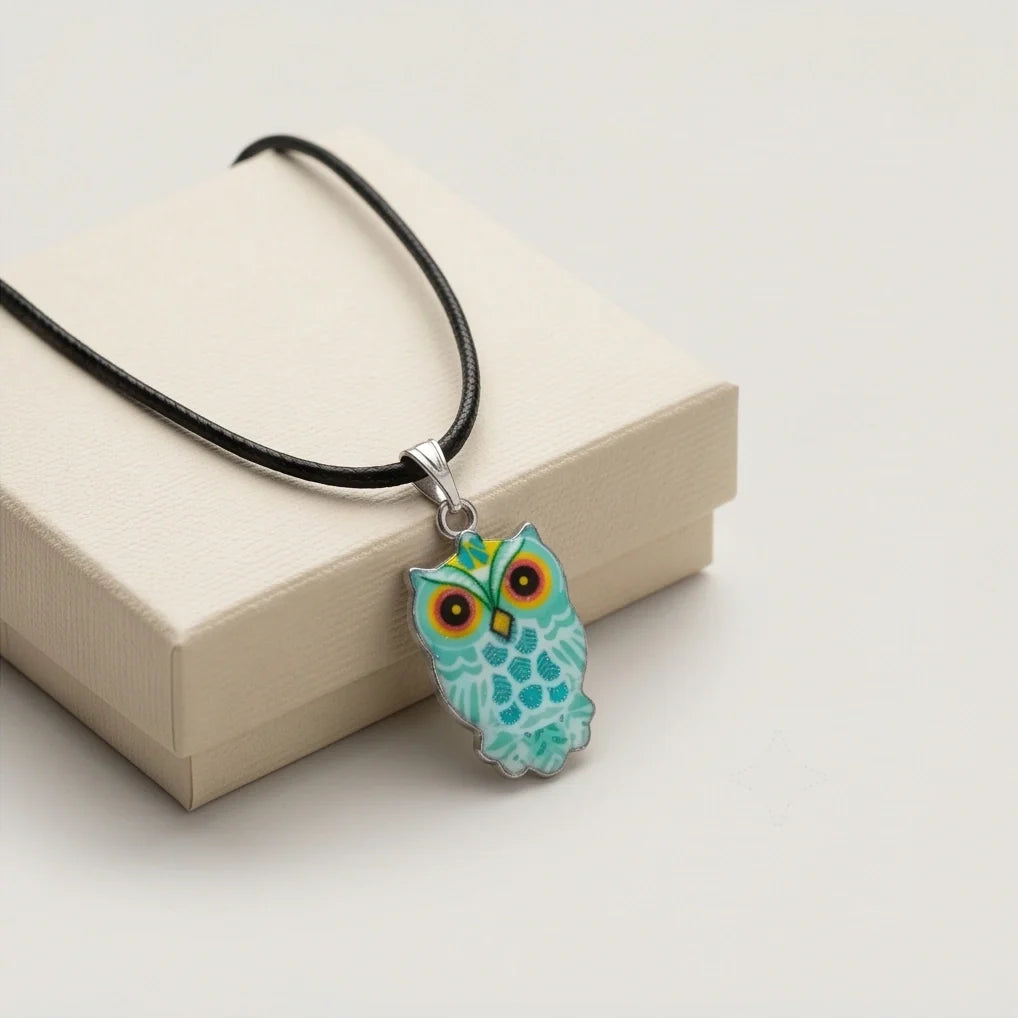 Vibrant Mint Blue Owl Totem Pendant Necklace
