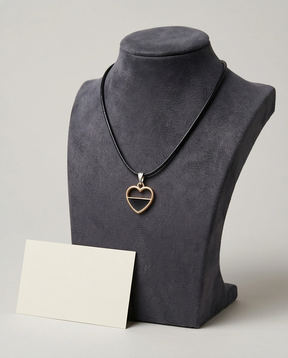 Gold Half-Black Enamel Heart Necklace