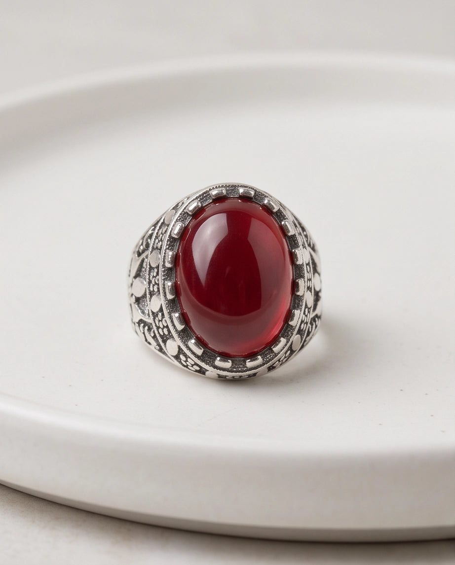 Crimson Red Oval Cabochon Ornate Leaf Scrollwork Silver Ring