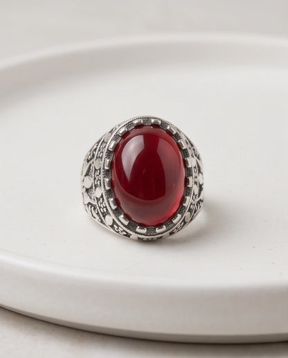 Crimson Red Oval Cabochon Ornate Leaf Scrollwork Silver Ring