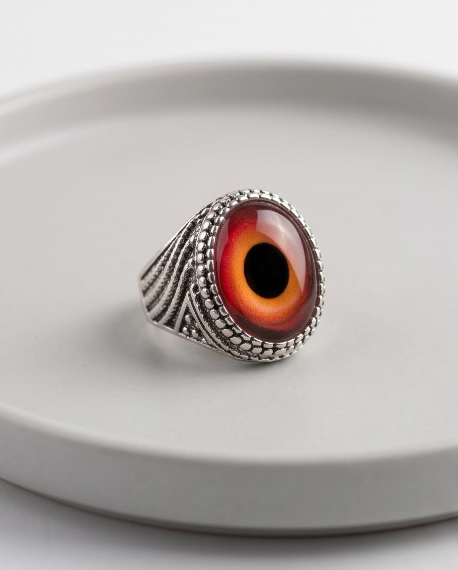 Crimson Evil Eye Beaded Silver Ring