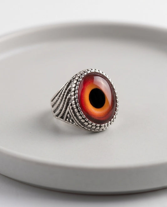 Crimson Evil Eye Beaded Silver Ring
