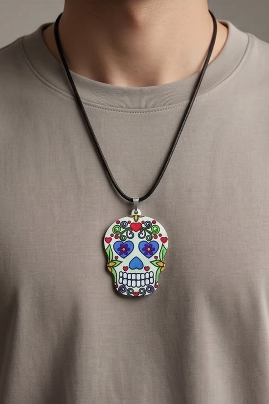 Vibrant White Sugar Skull Día de los Muertos Pendant Necklace