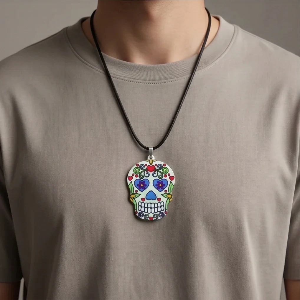 Vibrant White Sugar Skull Día de los Muertos Pendant Necklace