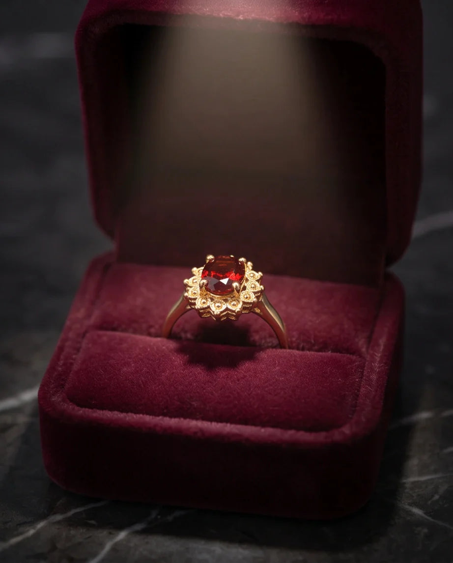 Vintage Gold Oval Garnet Victorian Halo Ring