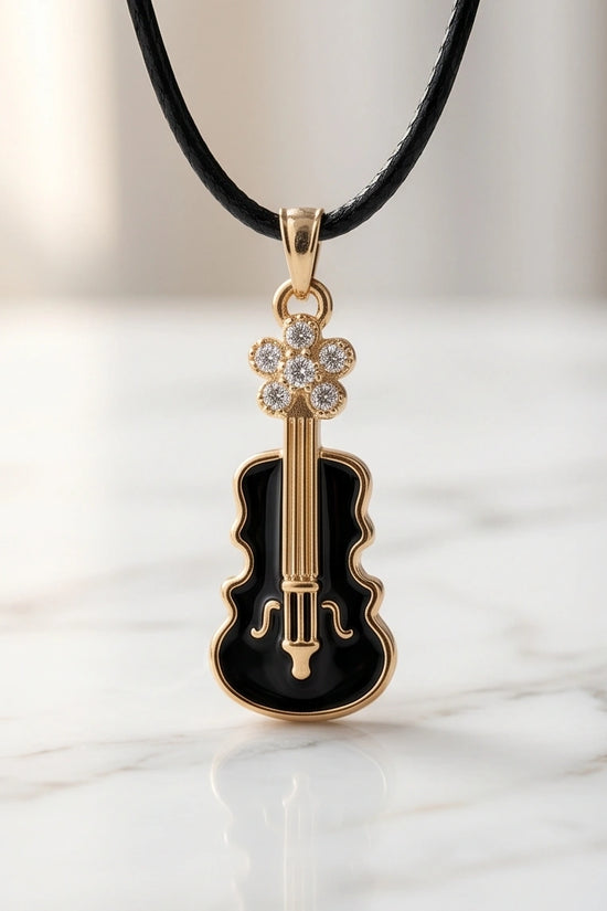 Gold and Black Enamel Violin Necklace
