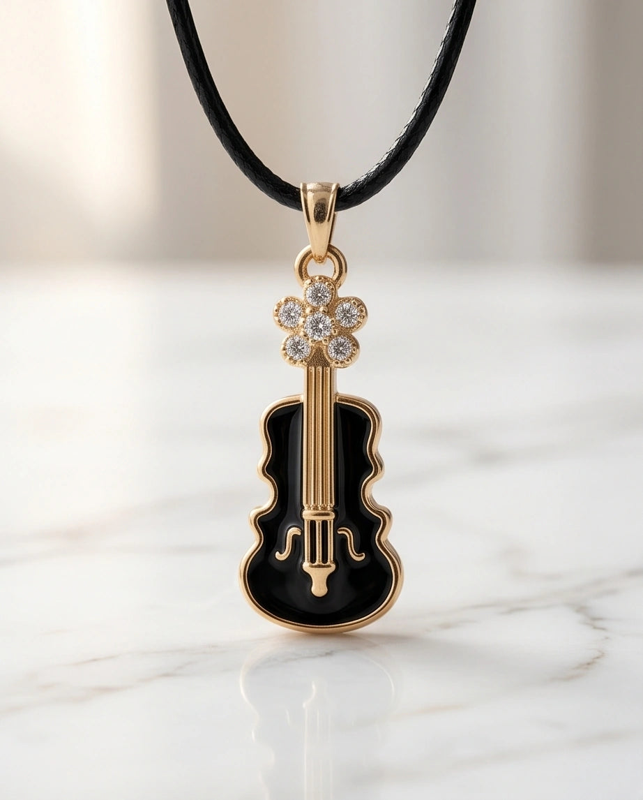 Gold and Black Enamel Violin Necklace